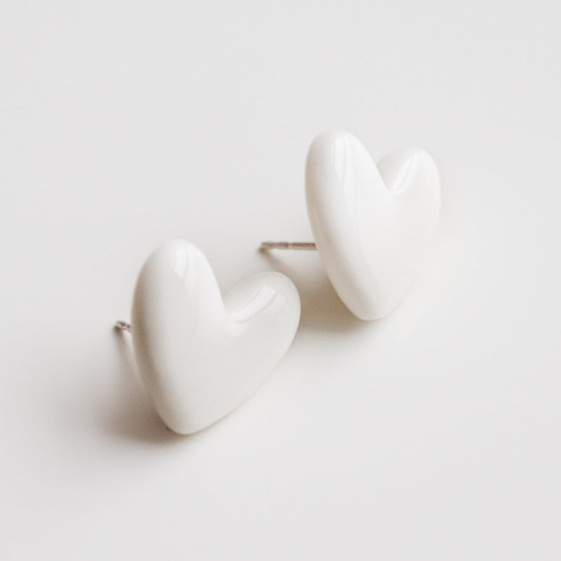 Porcelain Heart Studs -  White