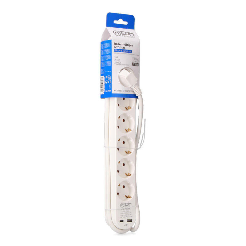 Prolongador With 6 Sockets 2 P + T Schuko, With Switch 2 USB a + C, 16A 250V, Cable H05VV-F, 3G1,5MM² 1,5M, Wh