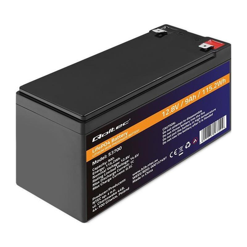 Qoltec 53700 LIFEPO4 Lithium Iron Phosphate Battery 12.8V 9AH 115.2WH Bms