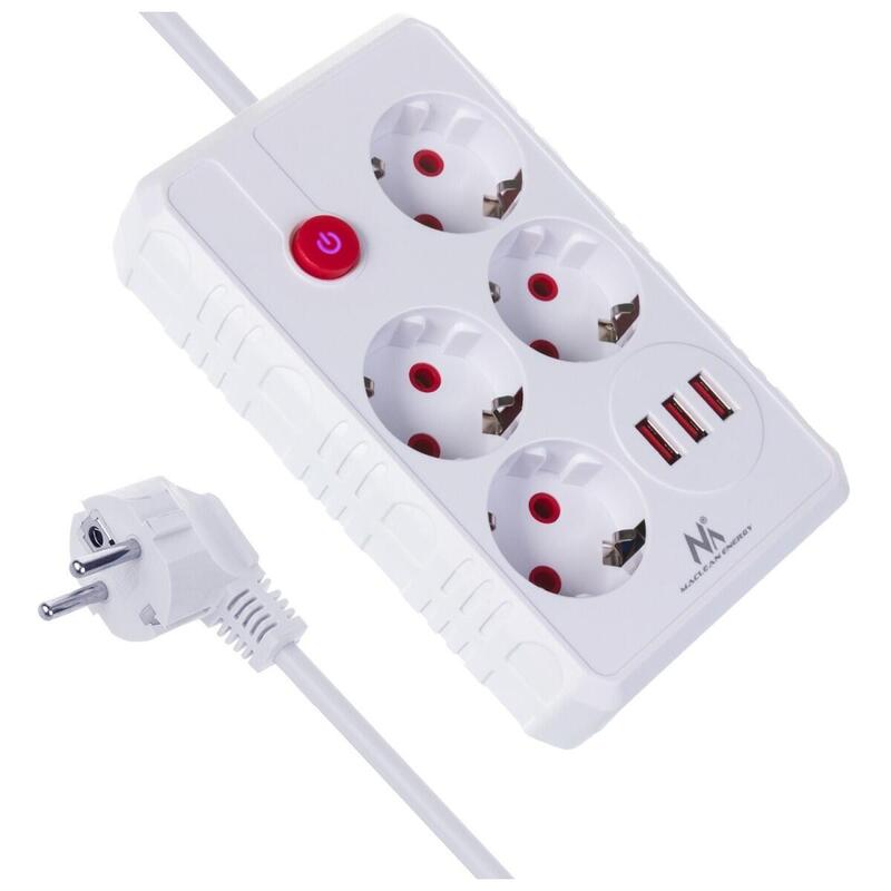 Maclean Power Strip Plugs , Cable Alargador 4 Sockets + 3x USB, 110-240V Ca 50/60 Hz, 2,1A Max. 2500W, 1,5M, W