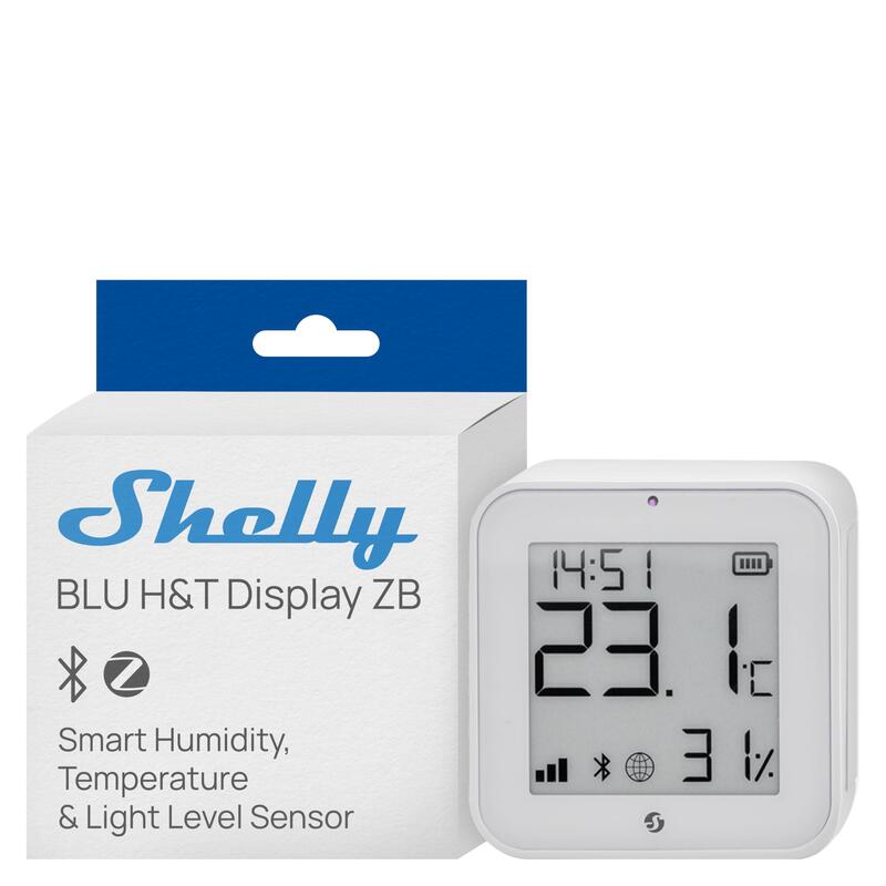 Shelly · Plug & Play · \blu Zb H&t Display White\ · Temperatur- & Feuchtigkeitssensor · E-paper Display · Blue